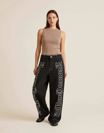 Pantalon Baggy Noir Brodé Large Gothique Femme - Jean