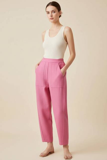 Pantalon Baggy Rose Fuschia Ample Plissé Décontracté - Tweed