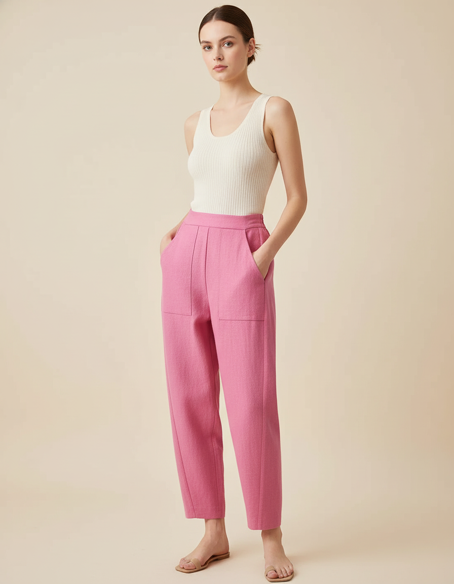 Pantalon Baggy Rose Fuschia Ample Plissé Décontracté - Tweed