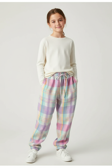 Pantalon Baggy Carreaux Pastel Ample Décontracté Fille - Multicolore Molleton