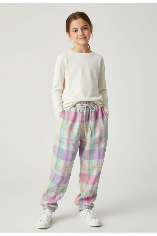 Pantalon Baggy Carreaux Pastel Ample Décontracté Fille - Multicolore Molleton