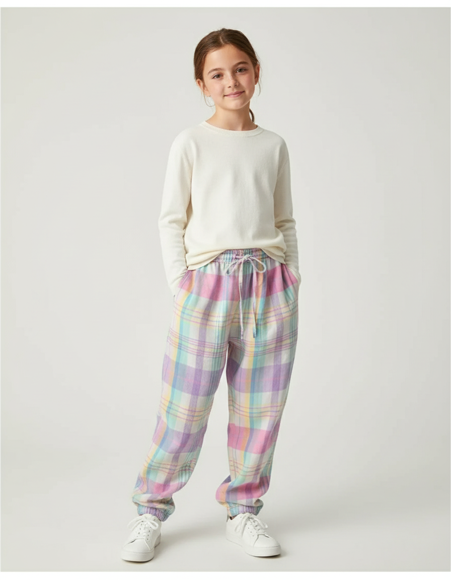 Pantalon Baggy Carreaux Pastel Ample Décontracté Fille - Multicolore Molleton