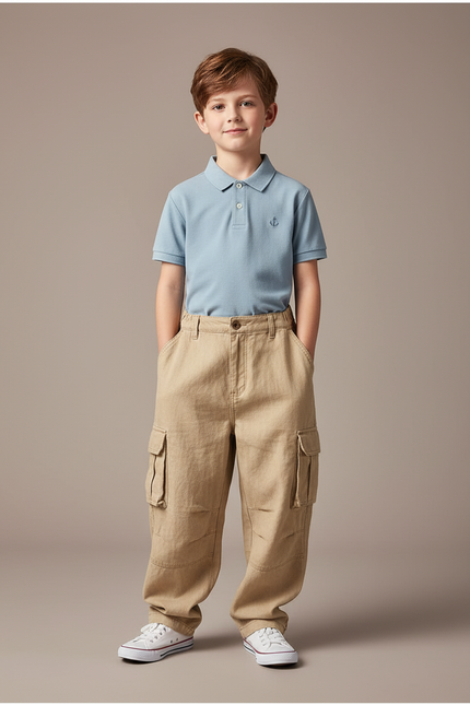 Pantalon Baggy Beige Cargo Ample Coton Enfant - Lin