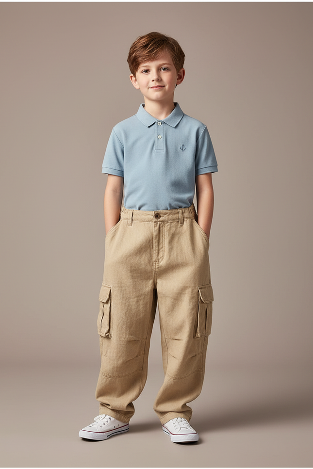 Pantalon Baggy Beige Cargo Ample Coton Enfant - Lin