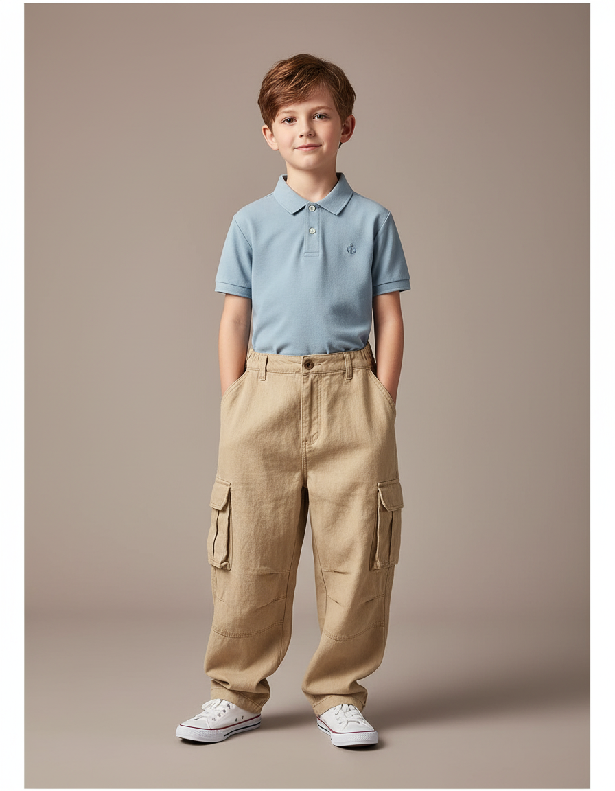 Pantalon Baggy Beige Cargo Ample Coton Enfant - Lin