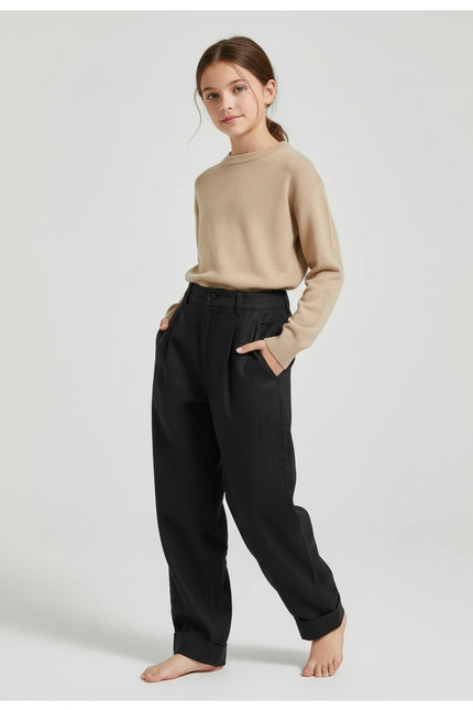 Pantalon Baggy Fille Noir Taille Haute Toile - Gabardine