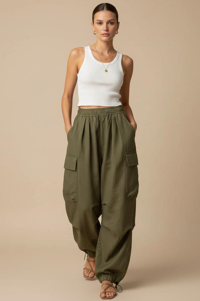 Pantalon Baggy Vert Kaki Ample Cargo Cordon Décontracté - Lin