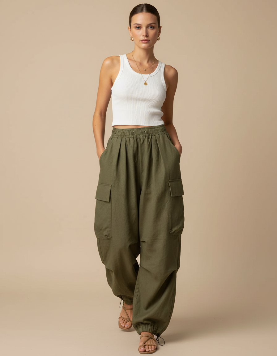 Pantalon Baggy Vert Kaki Ample Cargo Cordon Décontracté - Lin