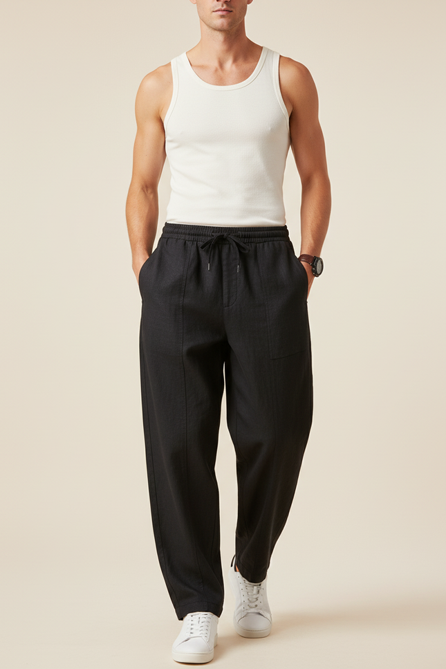 Pantalon Baggy Noir Lin Décontracté Homme