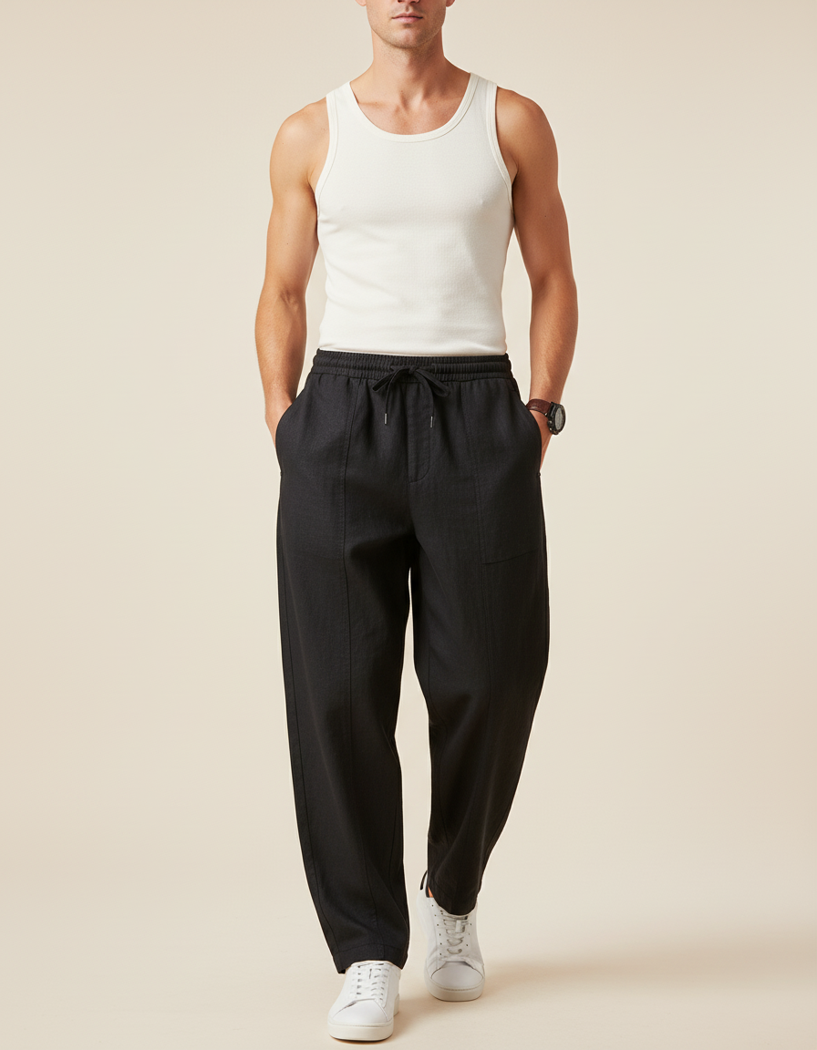 Pantalon Baggy Noir Lin Décontracté Homme
