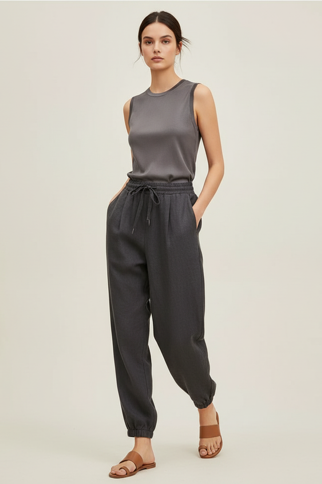 Pantalon Baggy Gris Anthracite Lin Ample Cordon Fluide