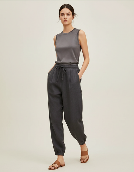 Pantalon Baggy Gris Anthracite Lin Ample Cordon Fluide