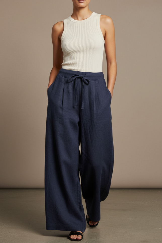 Pantalon Baggy Bleu Marine Ample Lin Cordon Décontracté