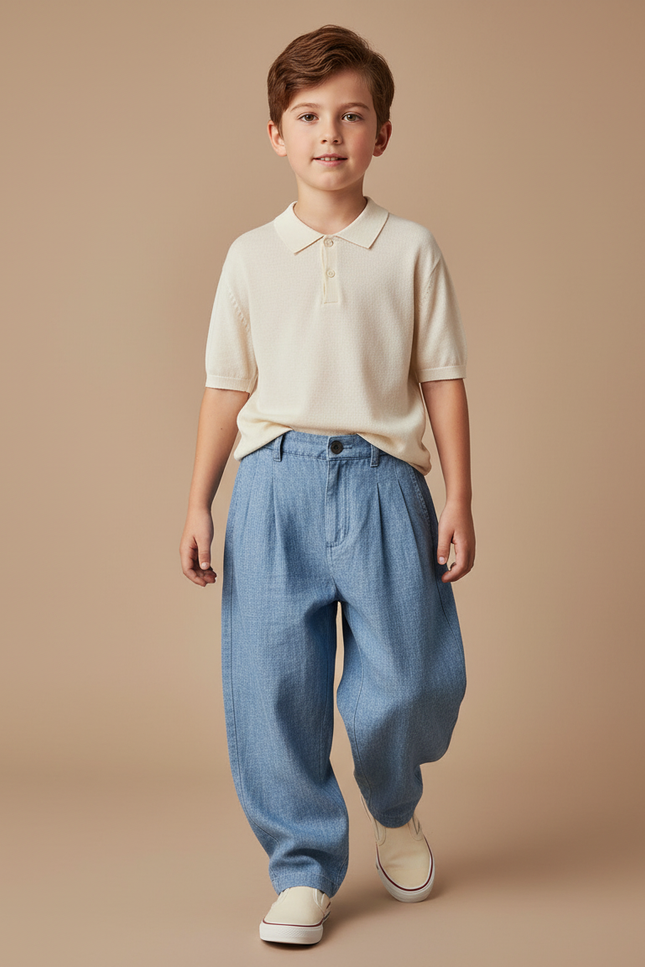 Pantalon Baggy Bleu Jean Ample Plissé Garçon