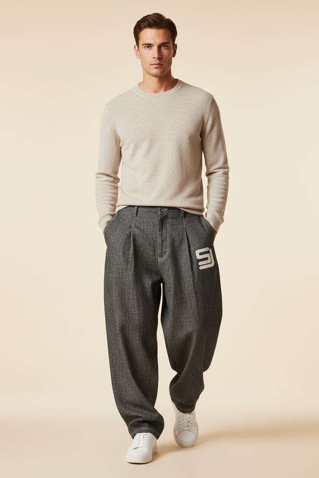 Pantalon Baggy Gris Plissé Ample Homme Brodé - Laine