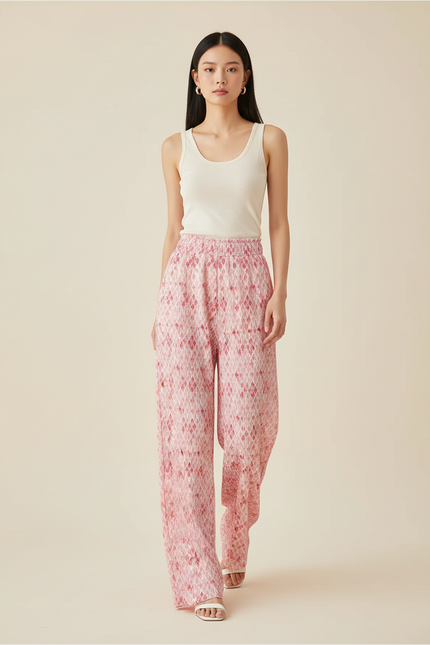 Pantalon Baggy Plissé Fluide Imprimé Rose Décontracté - Polyester