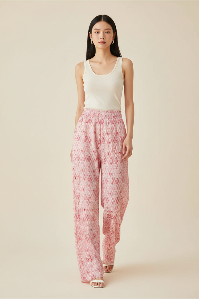Pantalon Baggy Plissé Fluide Imprimé Rose Décontracté - Polyester