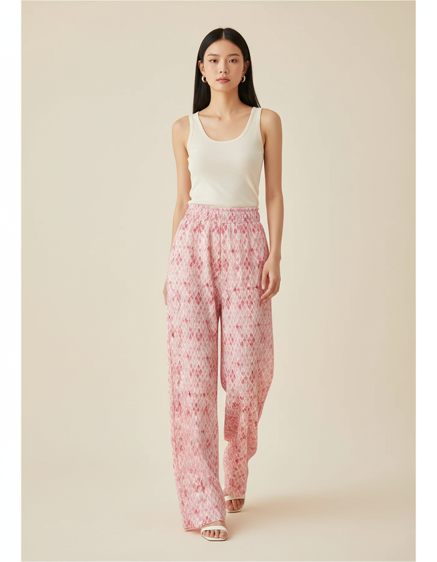 Pantalon Baggy Plissé Fluide Imprimé Rose Décontracté - Polyester