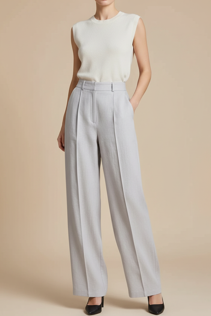 Pantalon Baggy Gris Clair Ample Droit Plissé Élégant - Lin