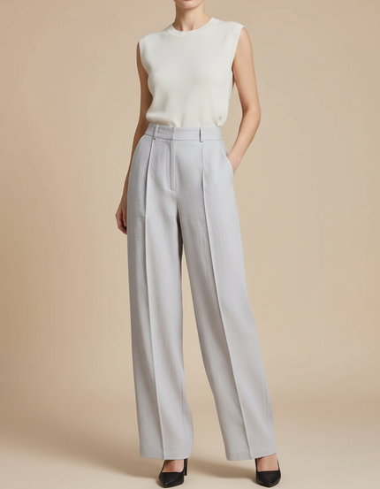 Pantalon Baggy Gris Clair Ample Droit Plissé Élégant - Lin
