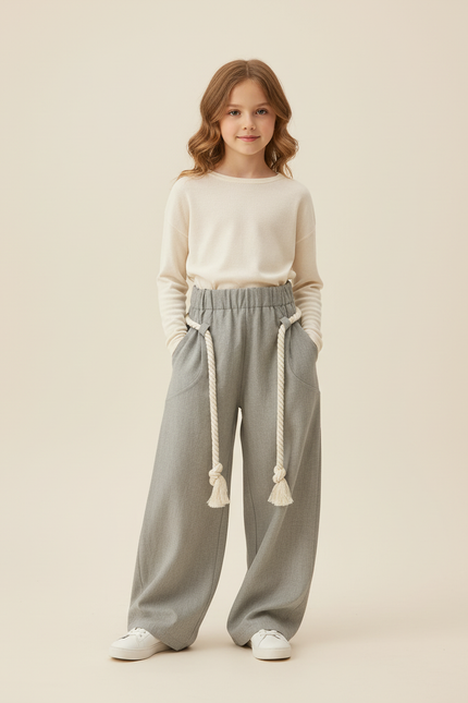 Pantalon Baggy Gris Ample Cordon Tressé Fille - Gabardine