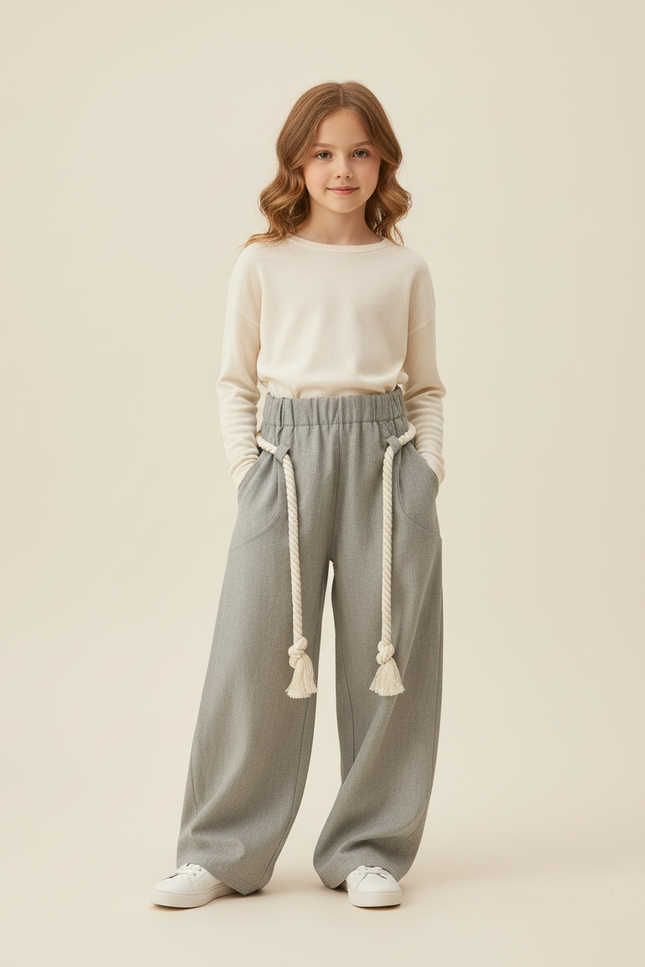 Pantalon Baggy Gris Ample Cordon Tressé Fille - Gabardine
