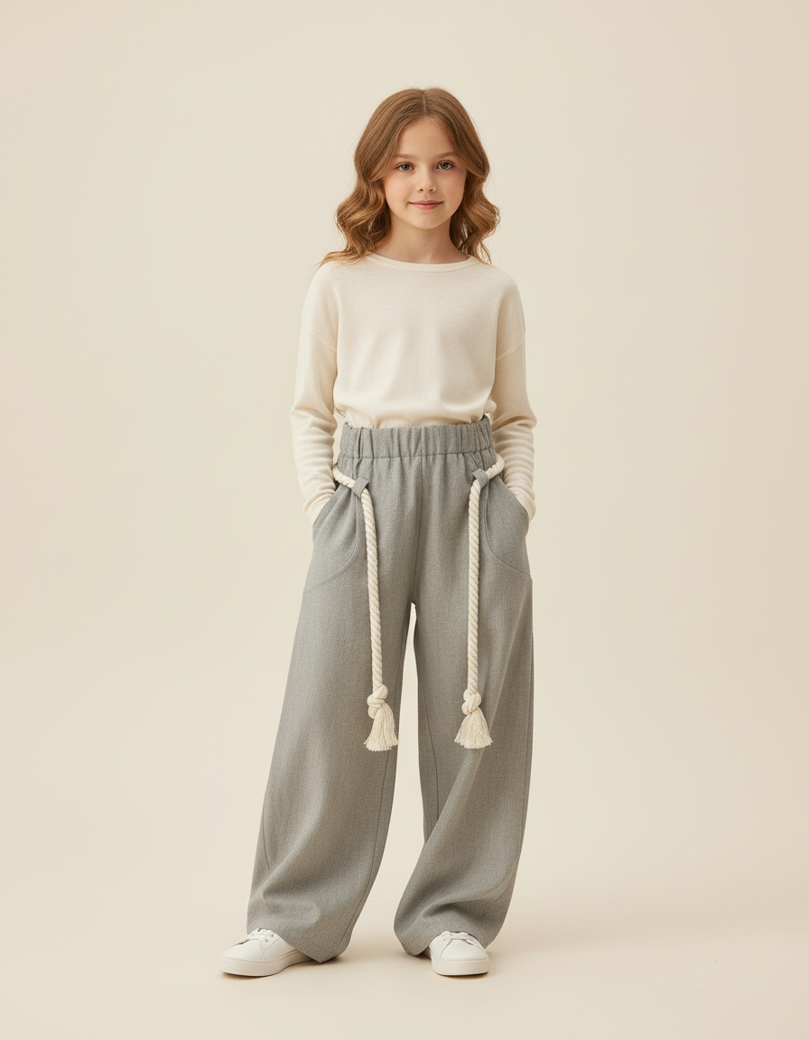 Pantalon Baggy Gris Ample Cordon Tressé Fille - Gabardine