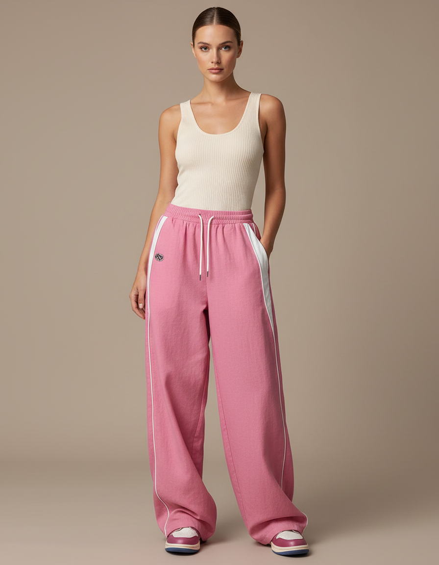 Pantalon Baggy Rose Ample Rayures Blanches Sport - Molleton