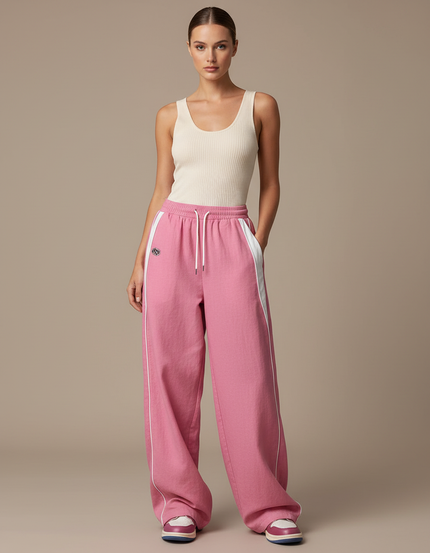 Pantalon Baggy Rose Ample Rayures Blanches Sport - Molleton