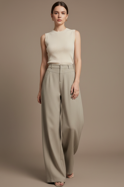 Pantalon Baggy Gris Clair Ample Droit Élégant Taille Haute - Kaki Gabardine