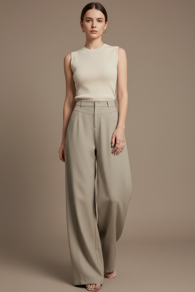 Pantalon Baggy Gris Clair Ample Droit Élégant Taille Haute - Kaki Gabardine