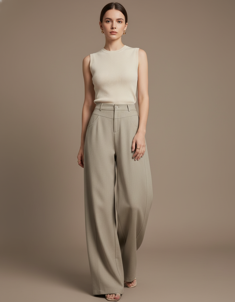 Pantalon Baggy Gris Clair Ample Droit Élégant Taille Haute - Kaki Gabardine