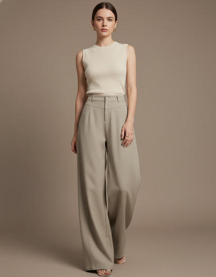 Pantalon Baggy Gris Clair Ample Droit Élégant Taille Haute - Kaki Gabardine