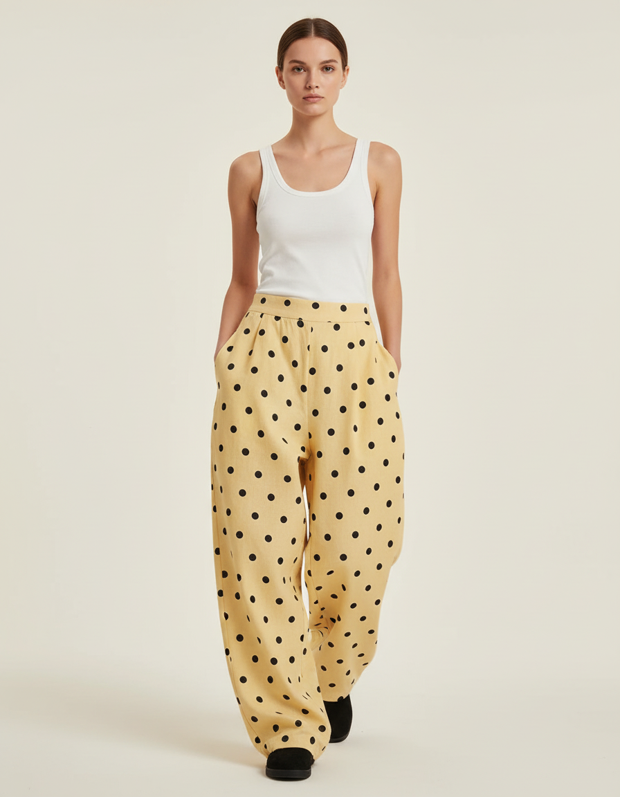 Pantalon Baggy Jaune Pois Ample Fluide Décontracté Femme - Viscose