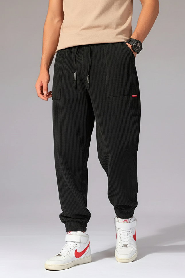 Pantalon Baggy Noir Côtelé Ample Décontracté Sport Homme - Cordé