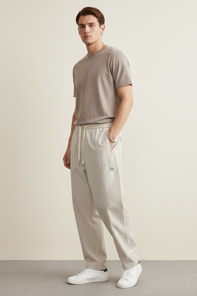 Pantalon Baggy Beige Cordon Léger Décontracté Homme - Lin