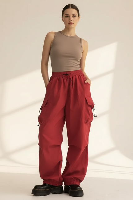 Pantalon Baggy Rouge Cargo Fluide Ample Femme - Polyester
