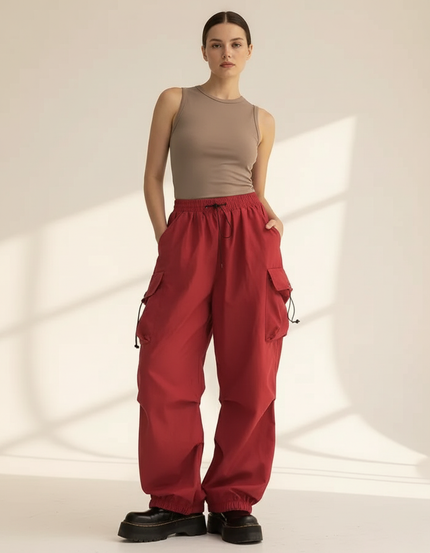 Pantalon Baggy Rouge Cargo Fluide Ample Femme - Polyester