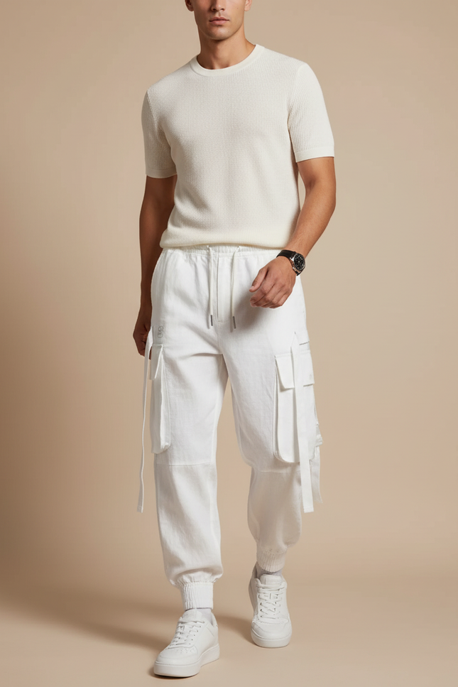 Pantalon Baggy Blanc Cargo Cordon Ample Homme - Lin
