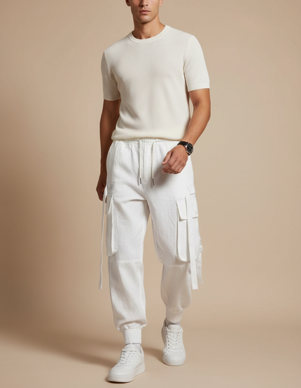 Pantalon Baggy Blanc Cargo Cordon Ample Homme - Lin
