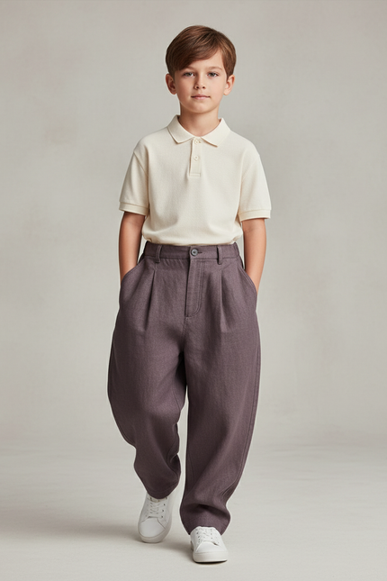 Pantalon Baggy Marron Ample Plissé Décontracté Garçon - Gabardine