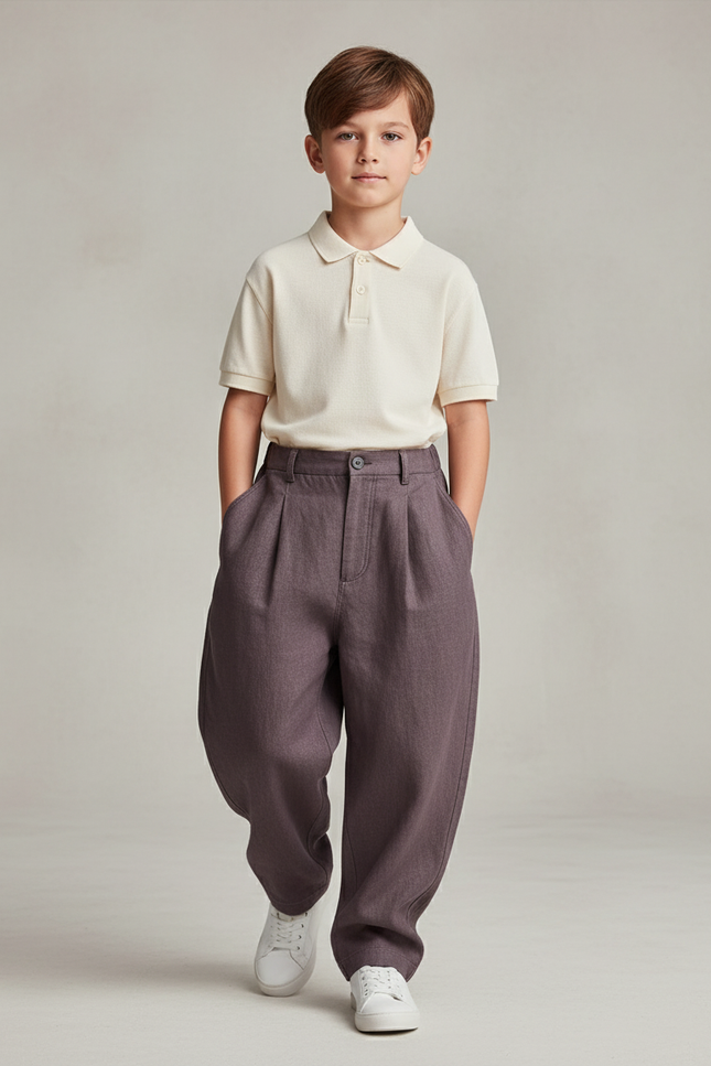 Pantalon Baggy Marron Ample Plissé Décontracté Garçon - Gabardine