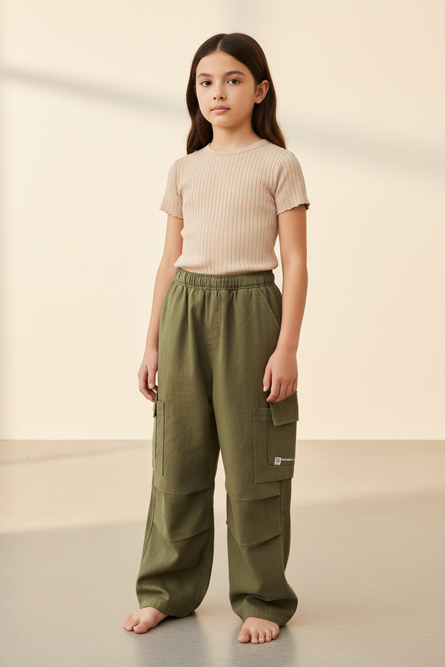 Pantalon Baggy Vert Kaki Ample Cargo Coton Enfant
