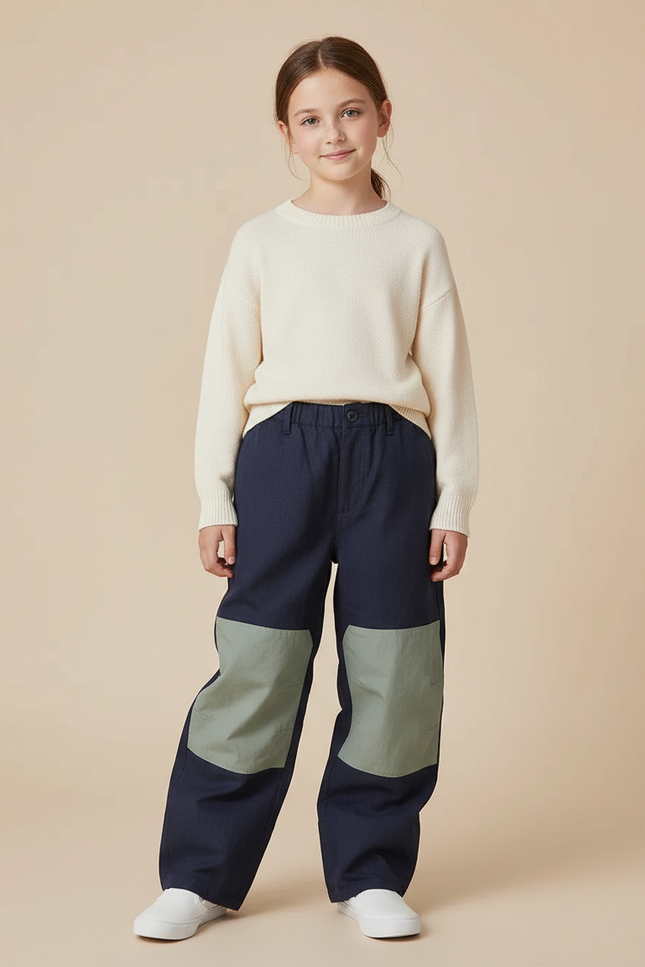 Pantalon Baggy Bleu Marine Patchwork Décontracté Enfant - Toile