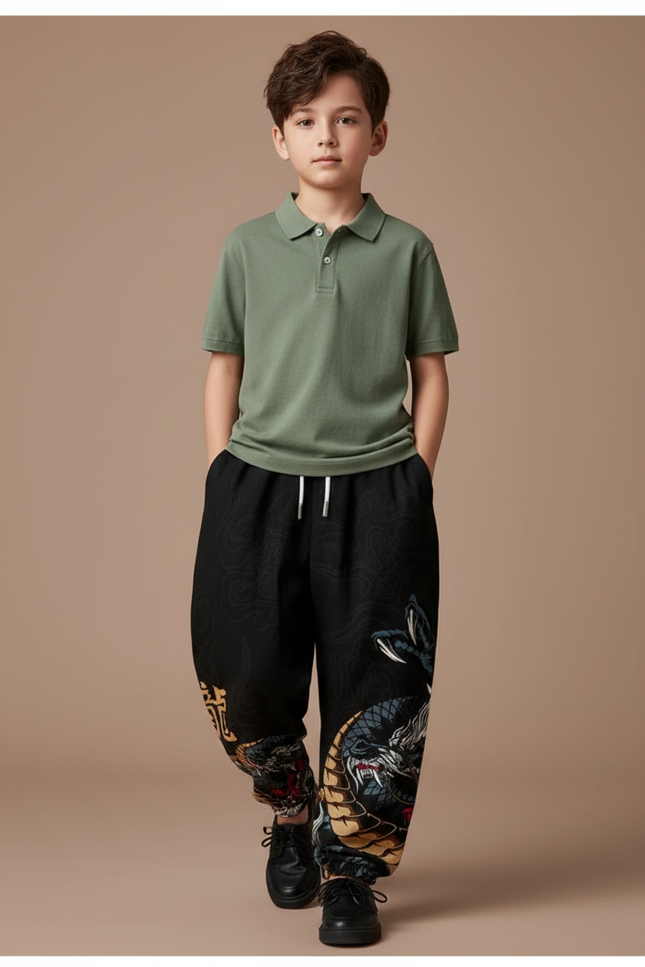 Pantalon Baggy Noir Dragon Imprimé Ample Cordon Garçon - Coton