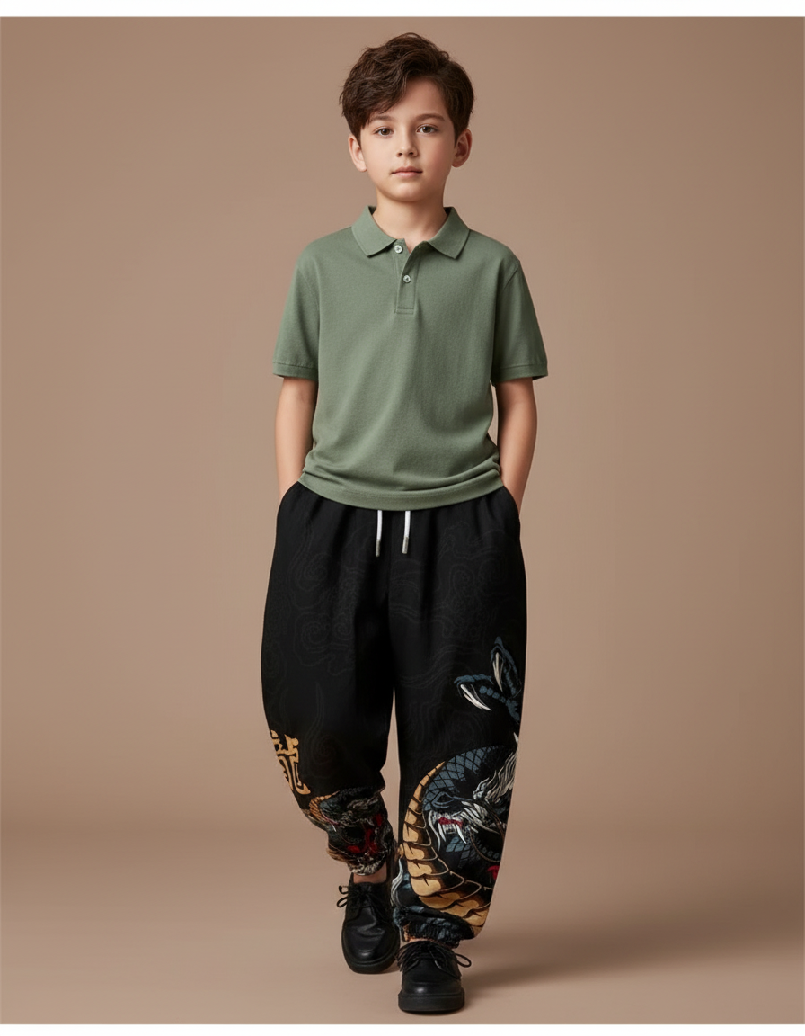 Pantalon Baggy Noir Dragon Imprimé Ample Cordon Garçon - Coton