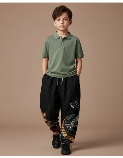 Pantalon Baggy Noir Dragon Imprimé Ample Cordon Garçon - Coton