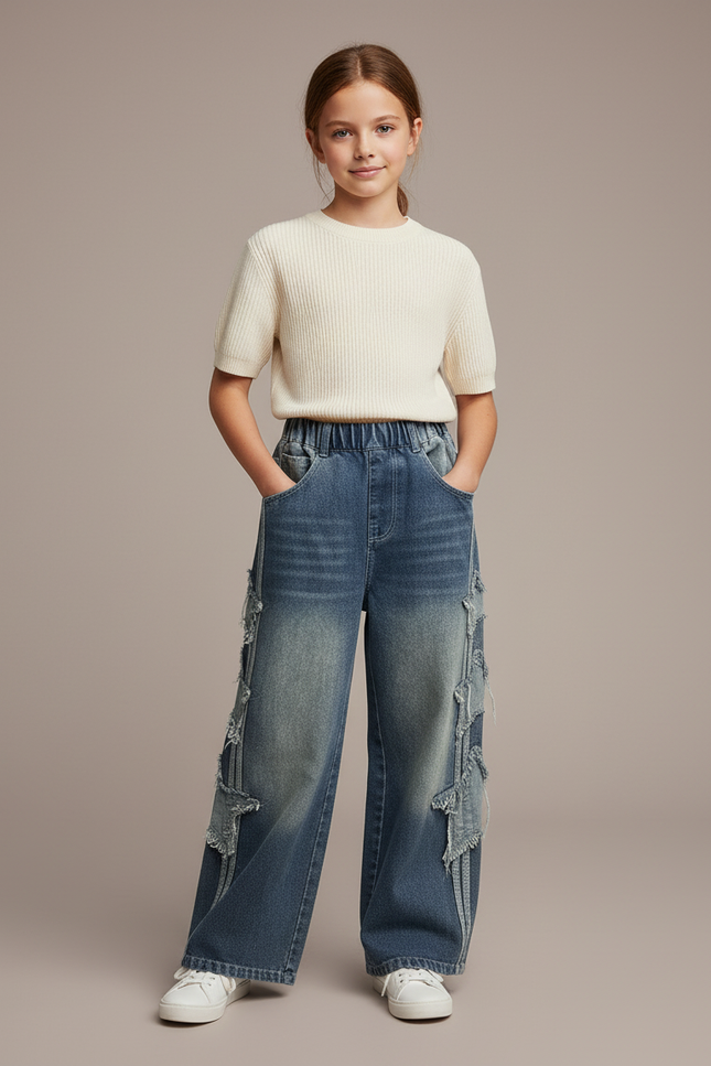 Pantalon Baggy Bleu Délavé Ample Étoiles Fille - Jean
