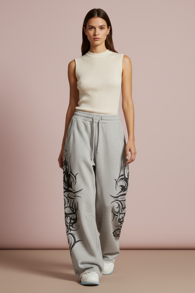 Pantalon Baggy Gris Tribal Ample Décontracté Streetwear - Molleton