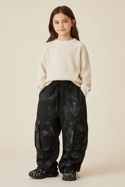 Pantalon Baggy Noir Cargo Ample Peint Enfant - Toile